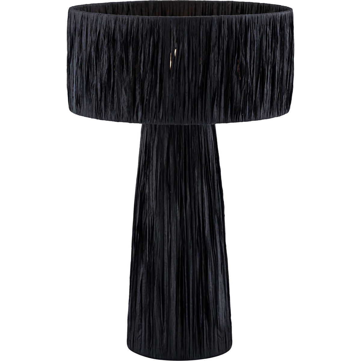 A black raffia table lamp pairs a wide drum shade with a sleek, tapered base for bold natural texture || TOV-G18379 || front_angle_studio