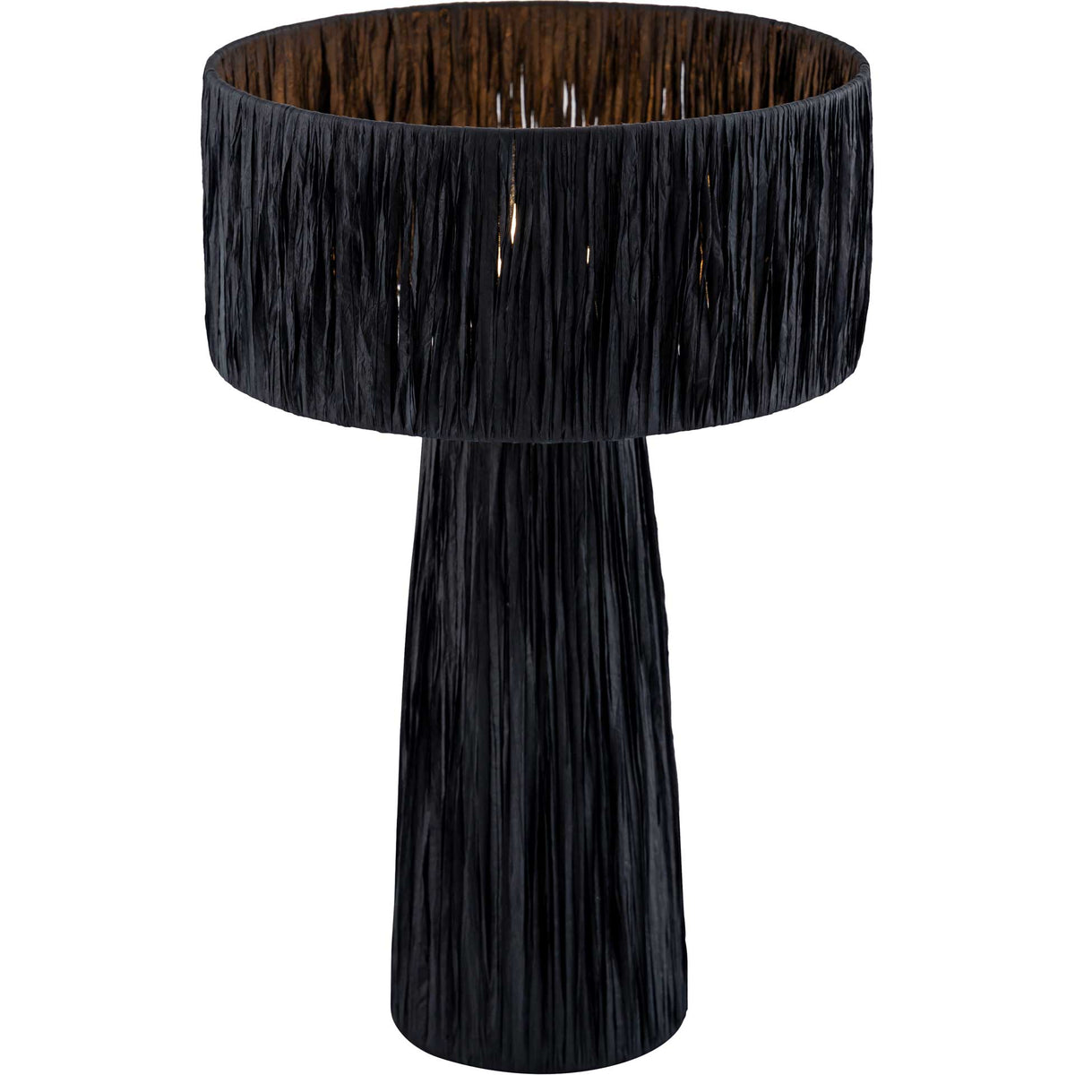 Black raffia wraps a broad drum shade and tapered base, with a warm glow highlighting its organic texture || TOV-G18379 || front_angle_on_studio