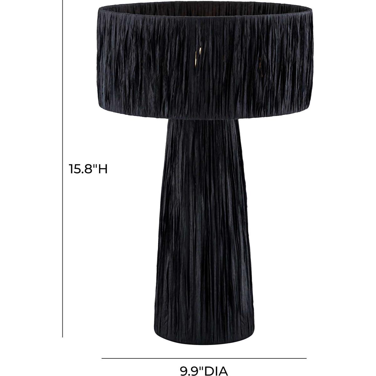 Black raffia table lamp with a 9.9-inch-diameter shade and a compact 15.8-inch height