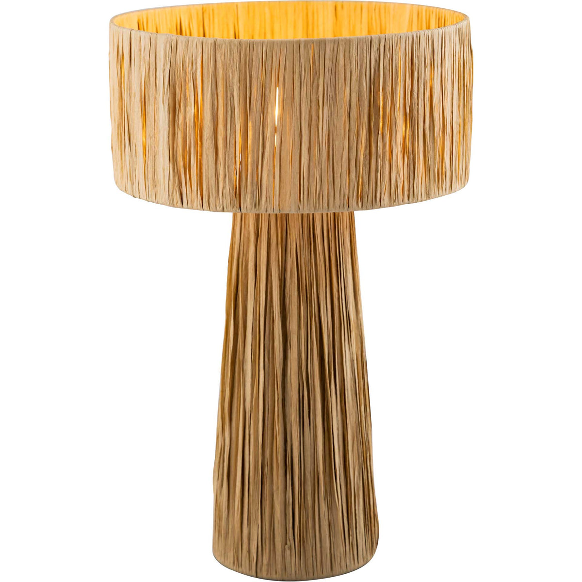 Golden light glows through a natural raffia drum shade, bringing warmth to its straw-toned texture