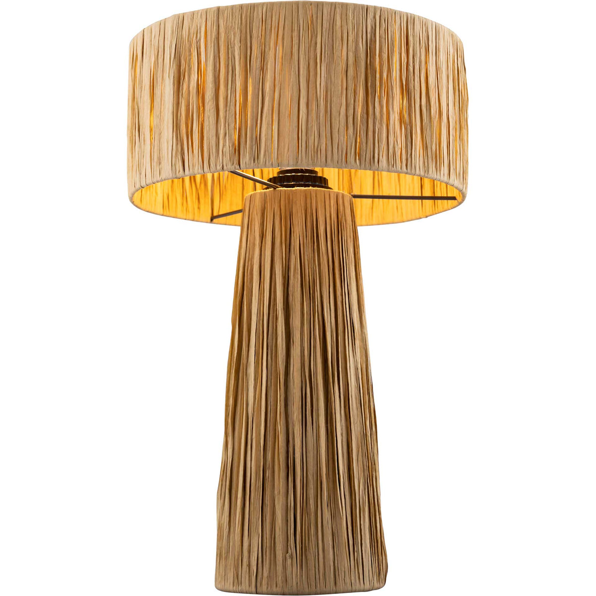A glowing raffia drum shade crowns a tall tapered base wrapped in natural fibers