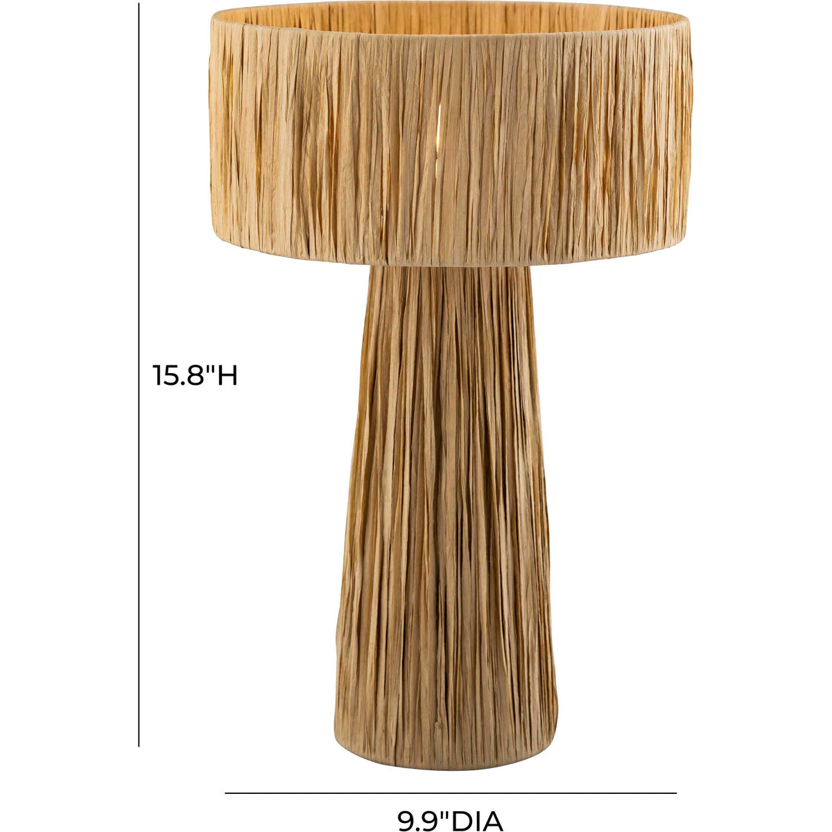 Natural raffia lamp features a 9.9-inch-diameter shade and a space-friendly 15.8-inch height