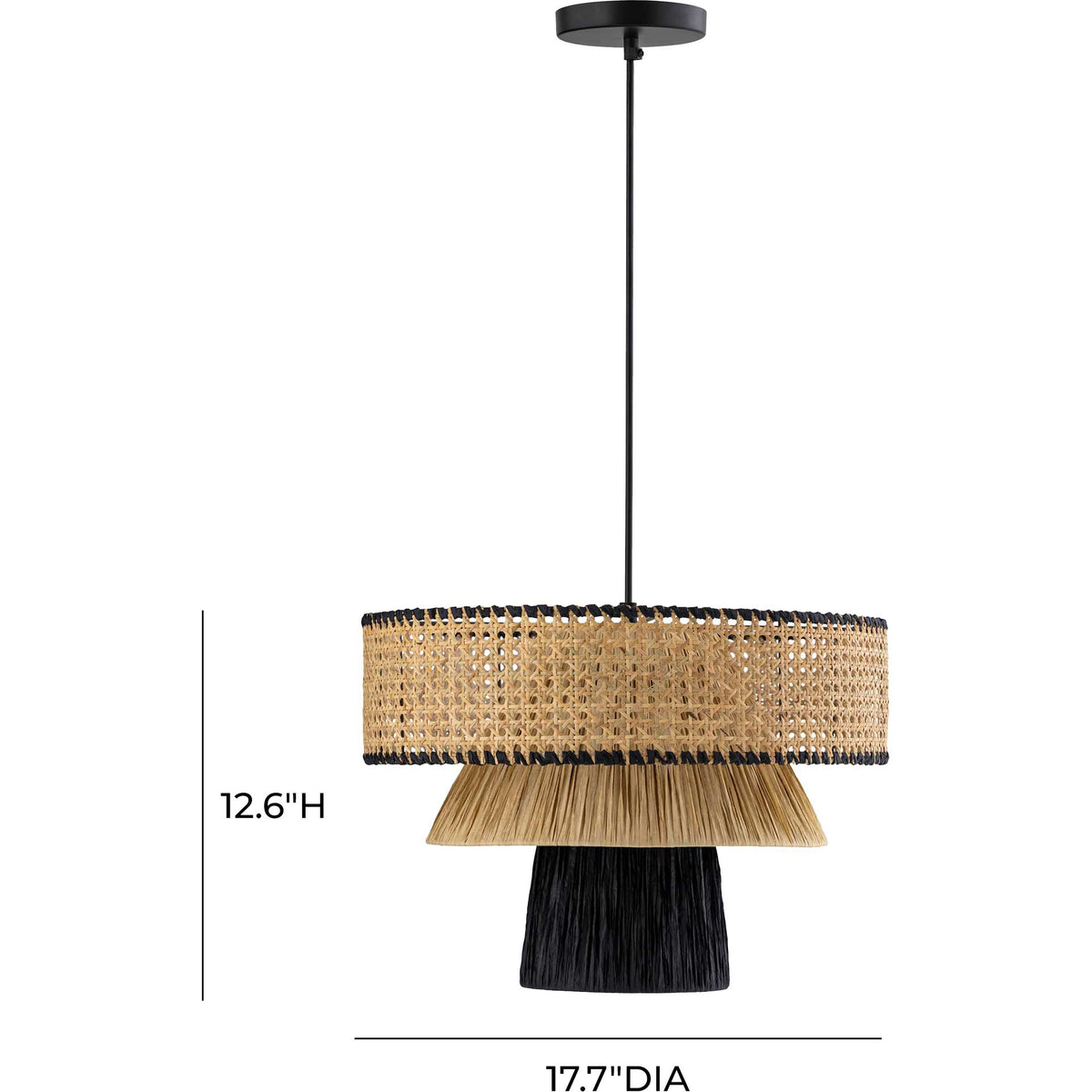 Layered natural and black pendant shade measures 17.7 inches across and 12.6 inches high