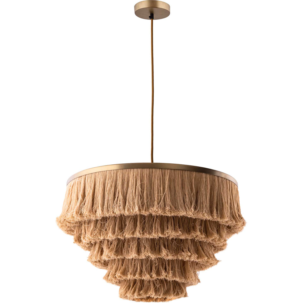 A slim suspension cord and brass-finished canopy complement cascading layers of natural fringe.
