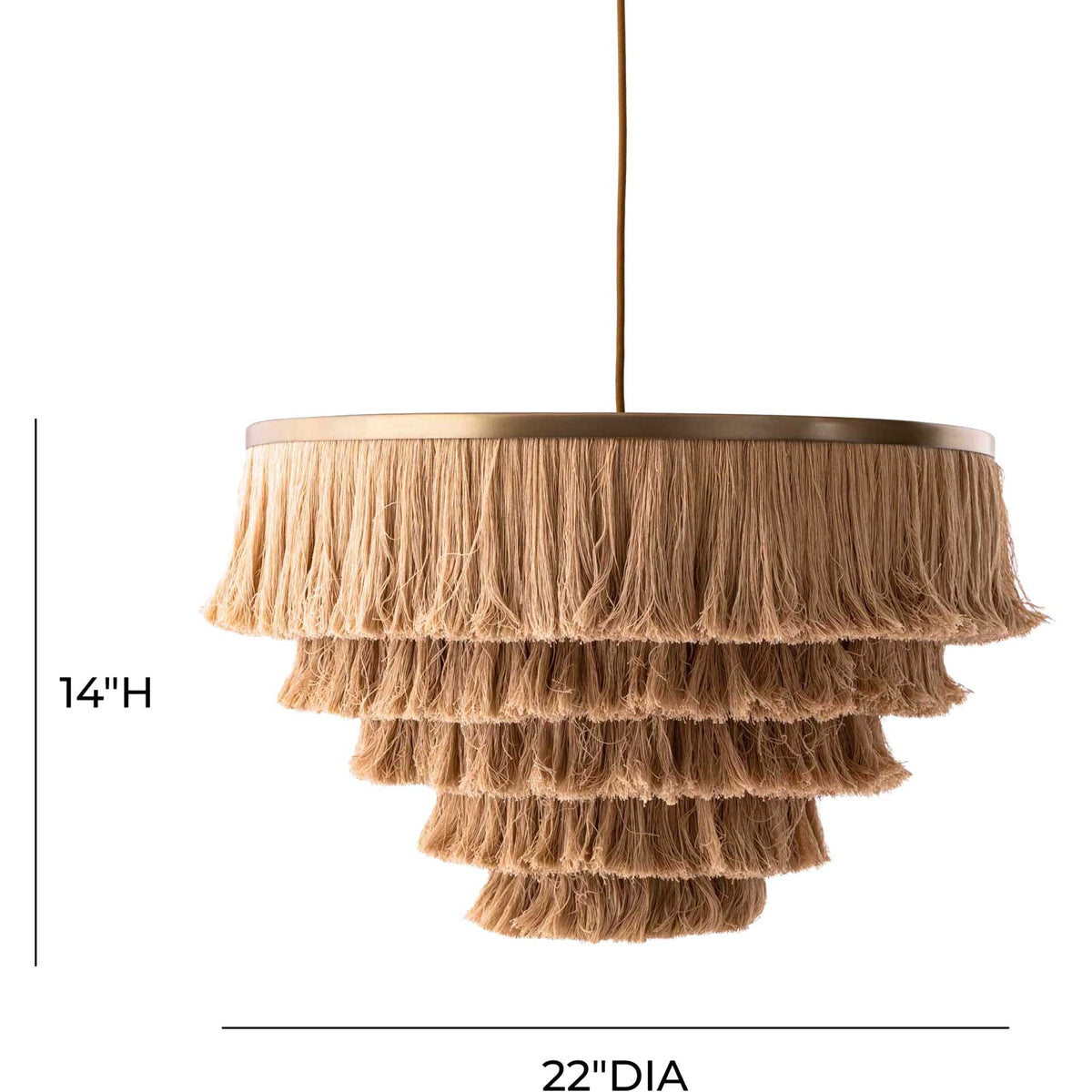 A 22-inch diameter and 14-inch height give this tiered fringe pendant a bold presence.