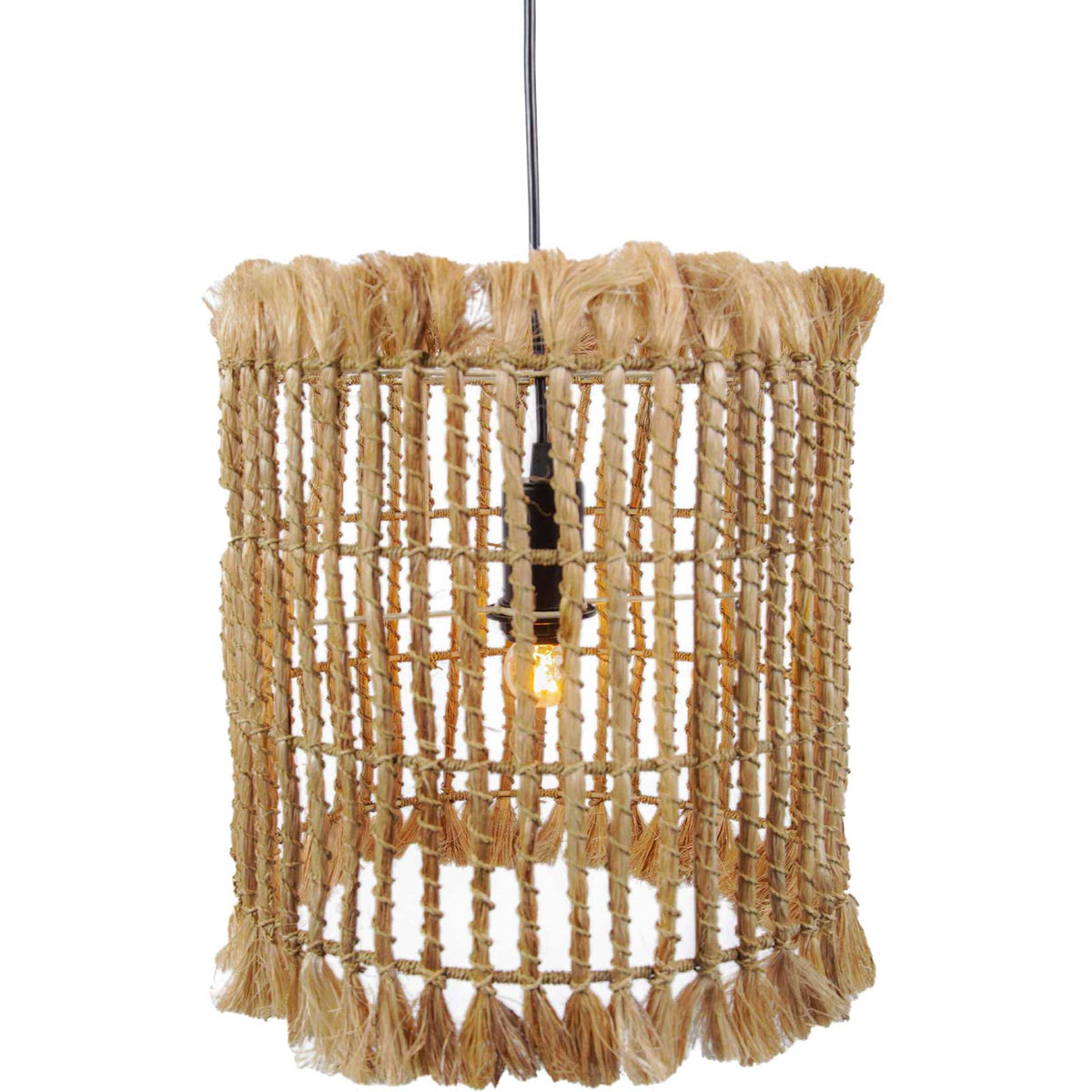 A cylindrical abaca pendant pairs an open rope shade with tasseled trim and warm light || TOV-G21000 || front_on_studio