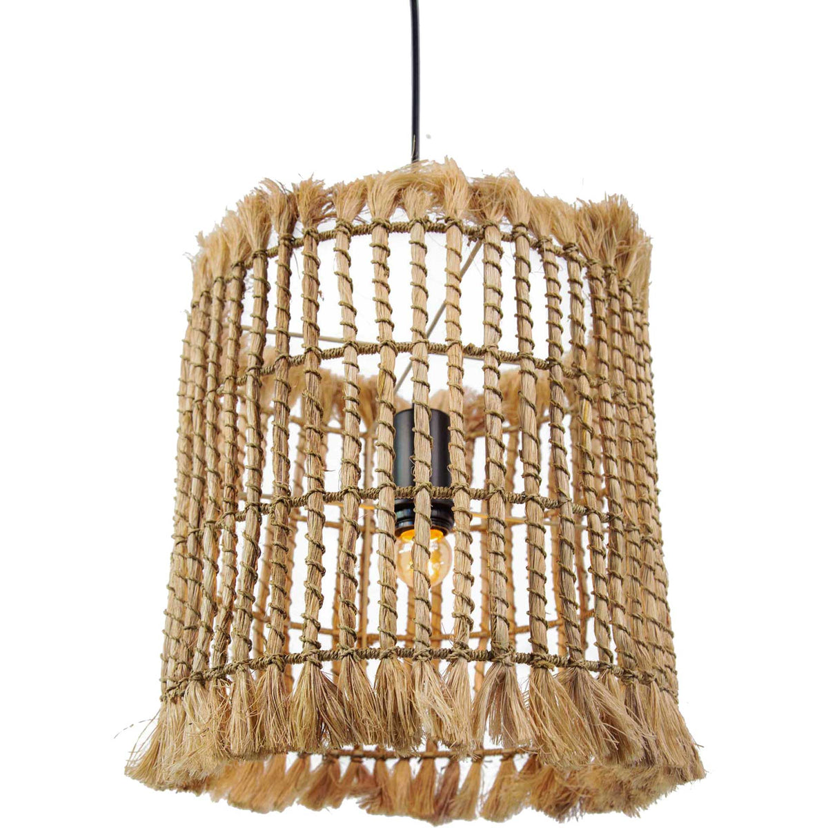 Natural abaca latticework and fringed edges give this airy pendant a relaxed, handcrafted look || TOV-G21000 || front_angle_on_studio