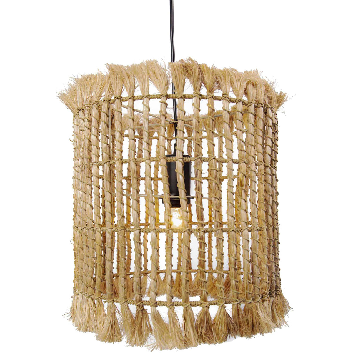 Knotted natural fibers create an airy pendant shade with rich texture and softly fringed borders