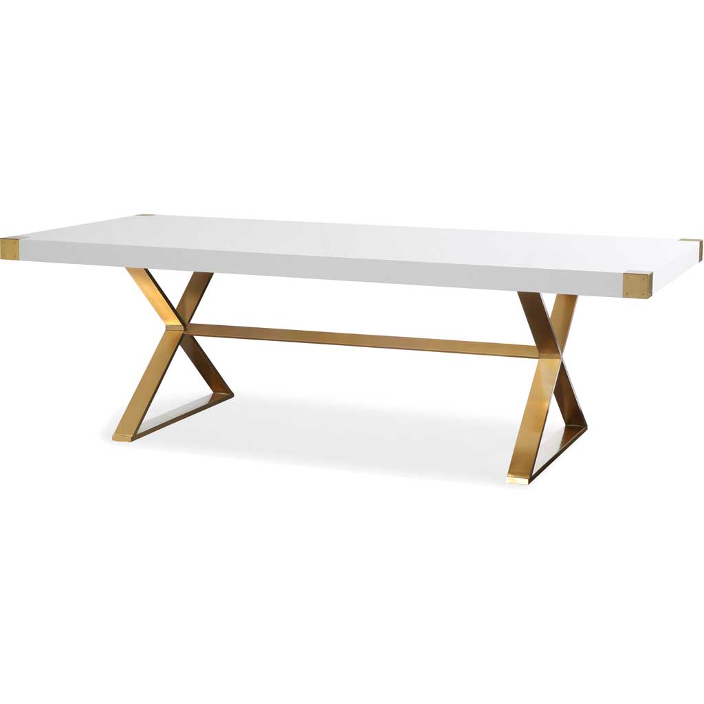 Glossy white lacquer pairs with a brushed gold X-frame base for a glamorous dining table. || TOV-G5496 || front_angle_studio