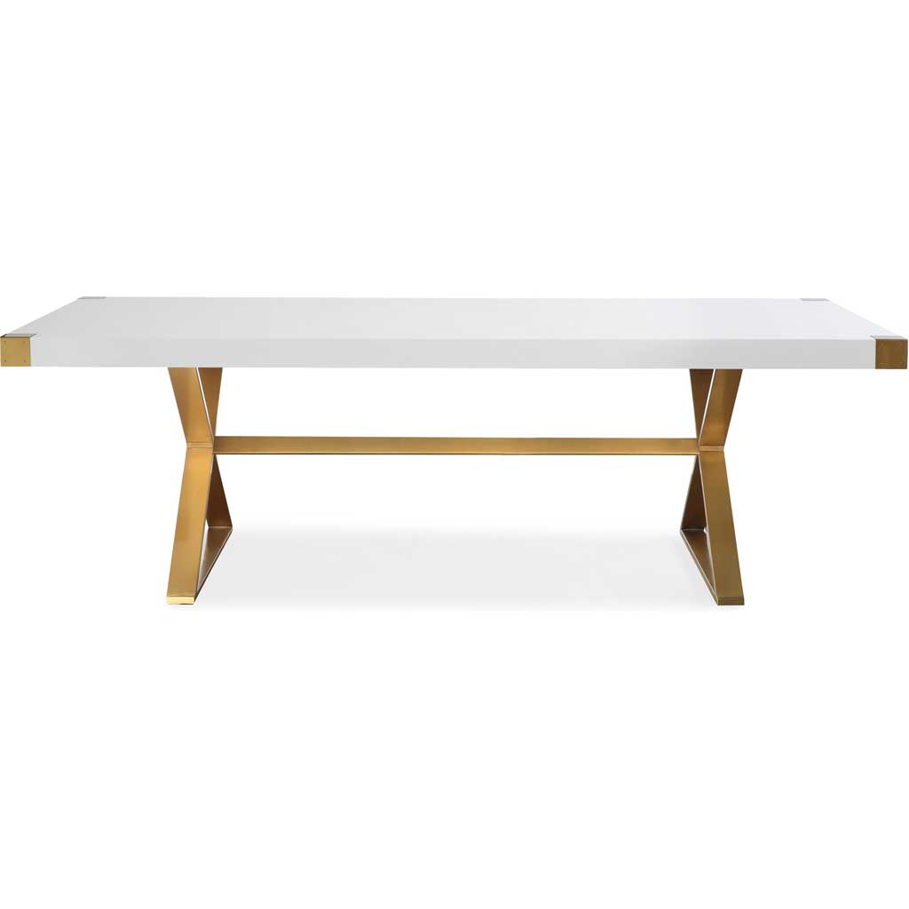 A broad white tabletop, gold corner accents, and a slim gold stretcher create a polished dining centerpiece. || TOV-G5496 || front_studio