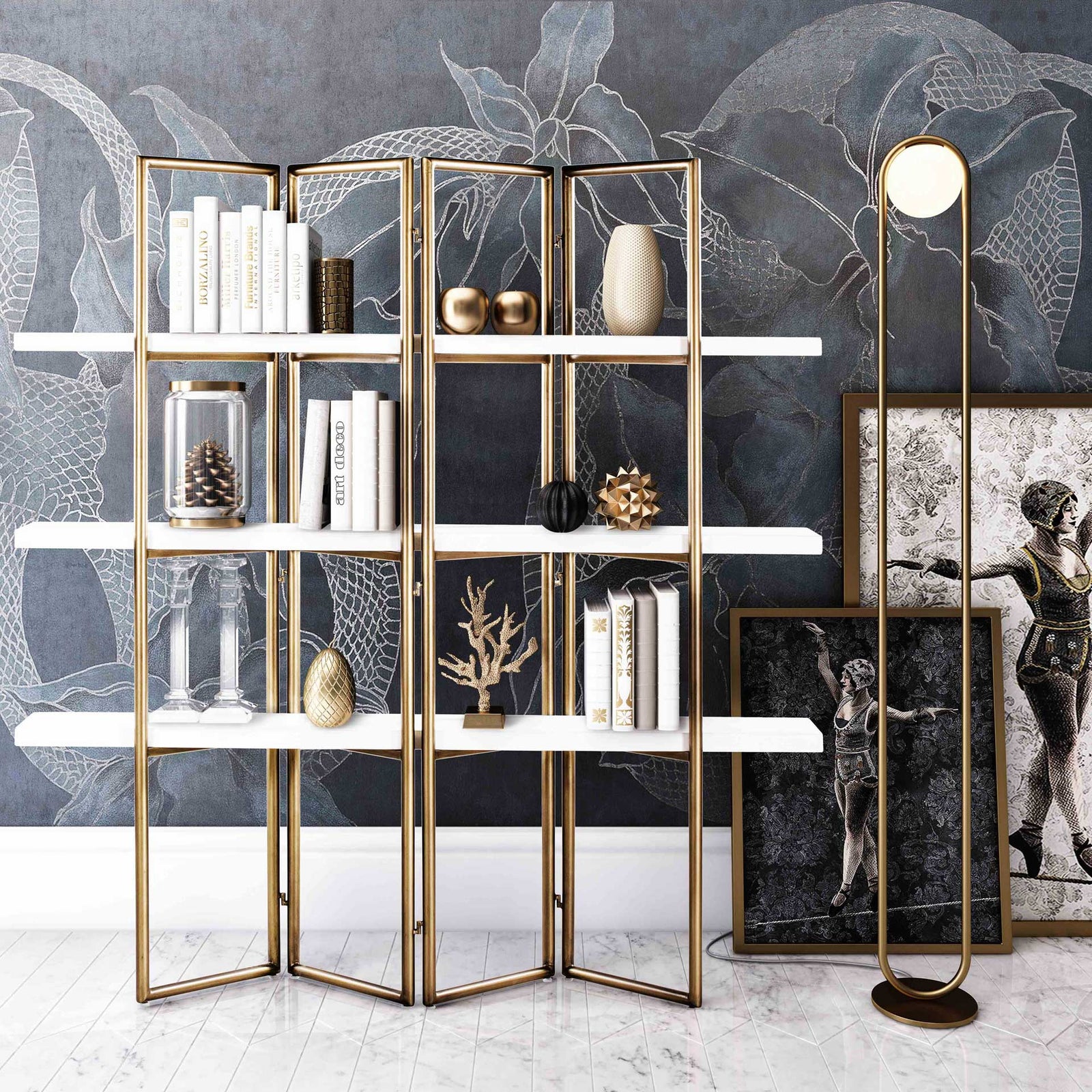 Kuthun Concrete Bookcase Brass/White