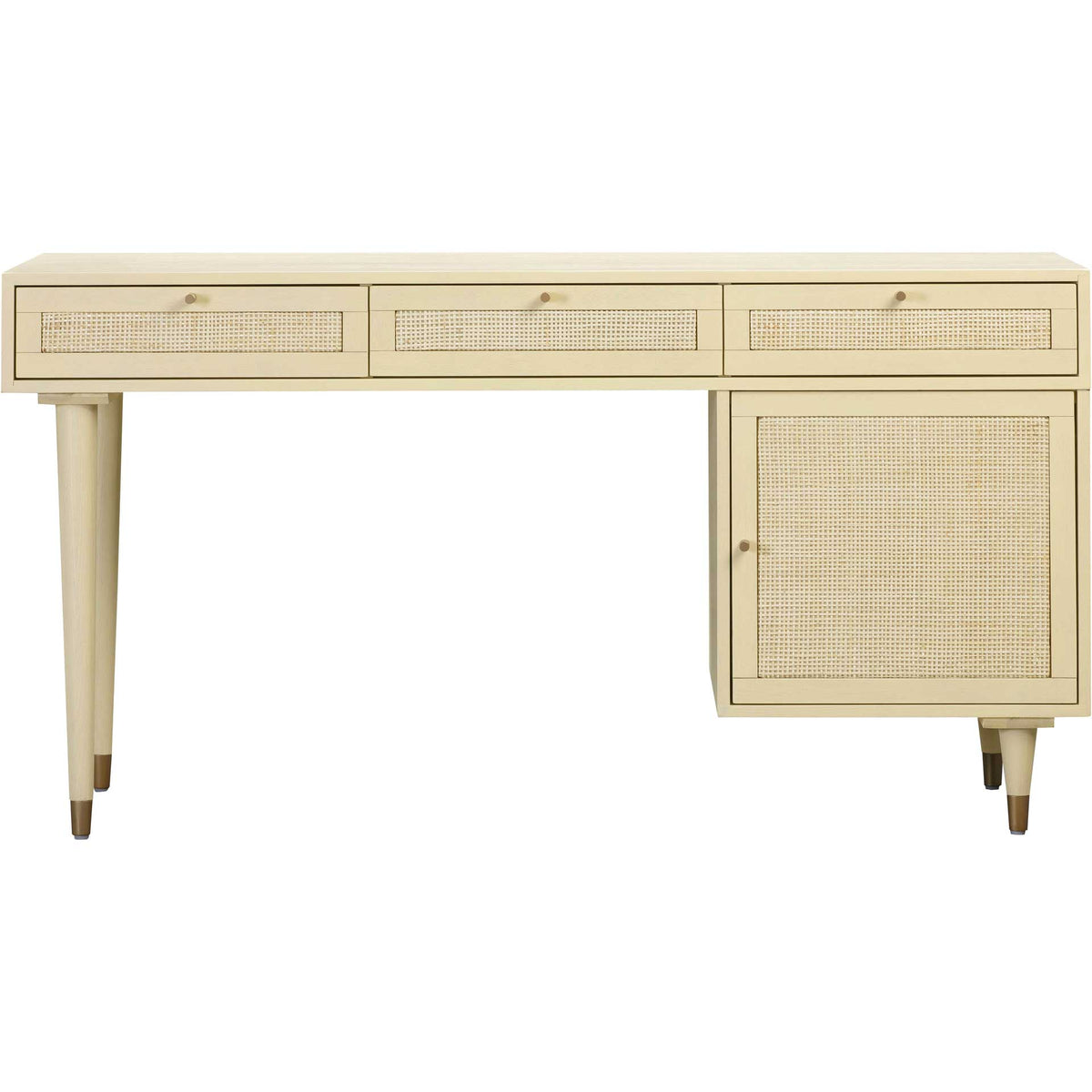 Three cane-front drawers and a roomy cabinet give this cream desk practical storage with a light, airy feel. || TOV-H44114 || front_studio