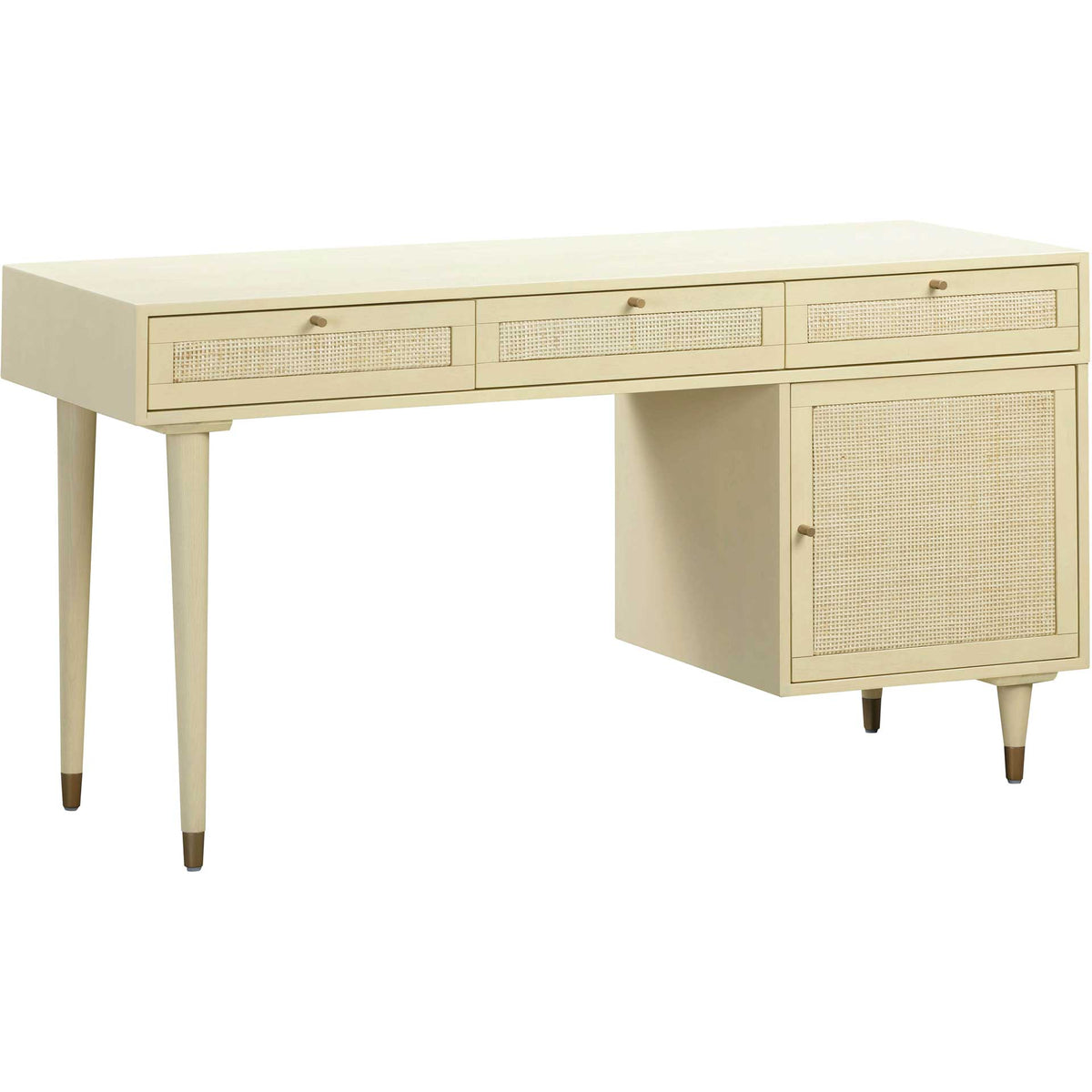A creamy finish and woven cane panels bring softness to this desk's crisp lines and brass accents. || TOV-H44114 || front_angle_studio