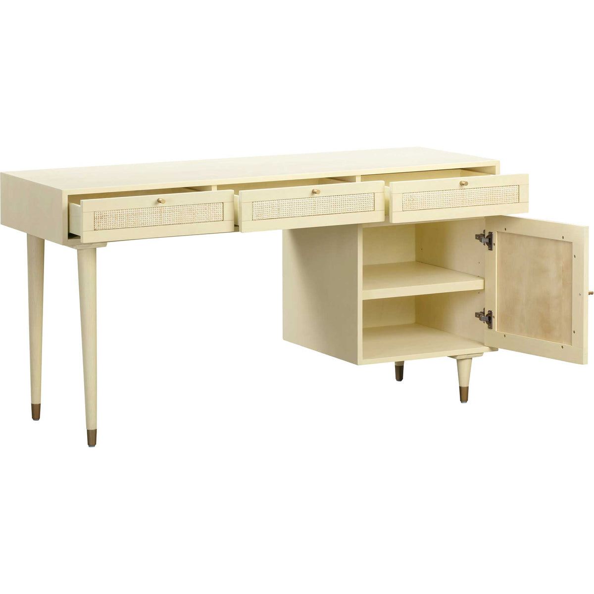 A shelved cabinet and three pullout drawers offer flexible organization in a warm cream finish.