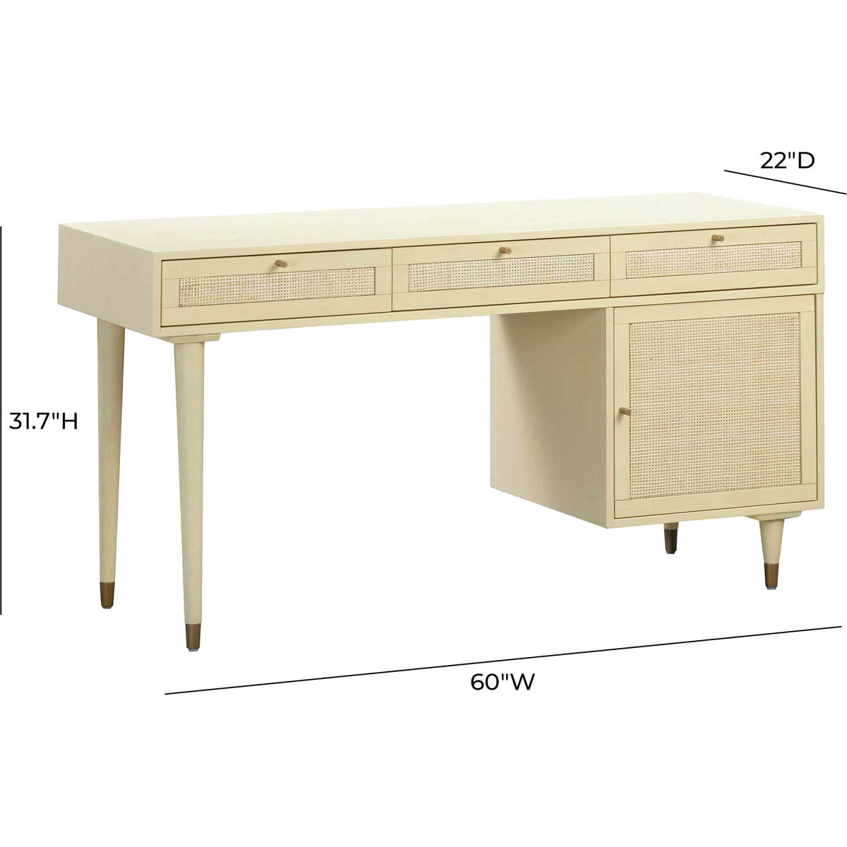 The cream desk measures 60 inches wide, 22 inches deep, and 31.7 inches high for a roomy workspace.