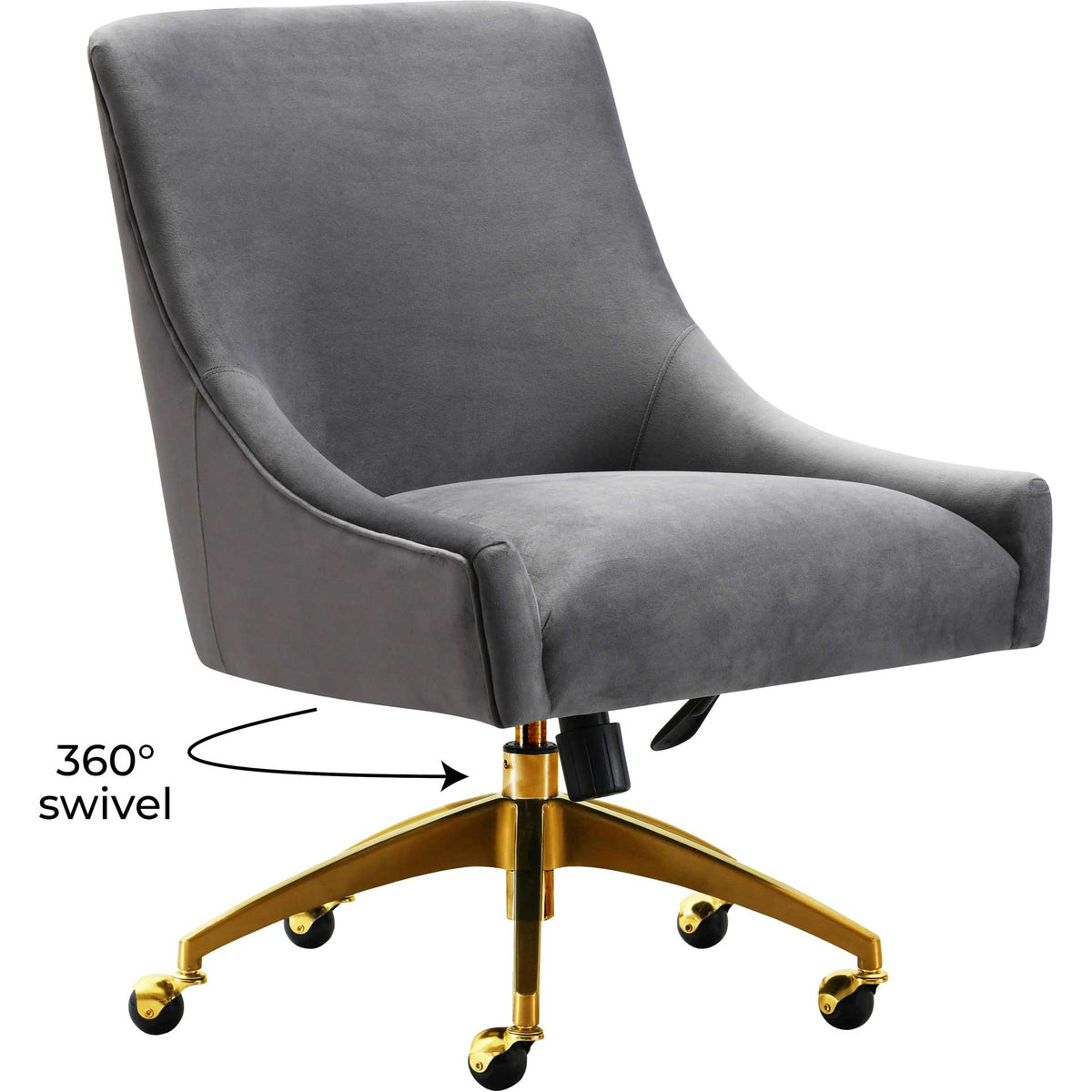 Full 360-degree swivel motion complements the cushioned gray velvet seat and sleek gold base
