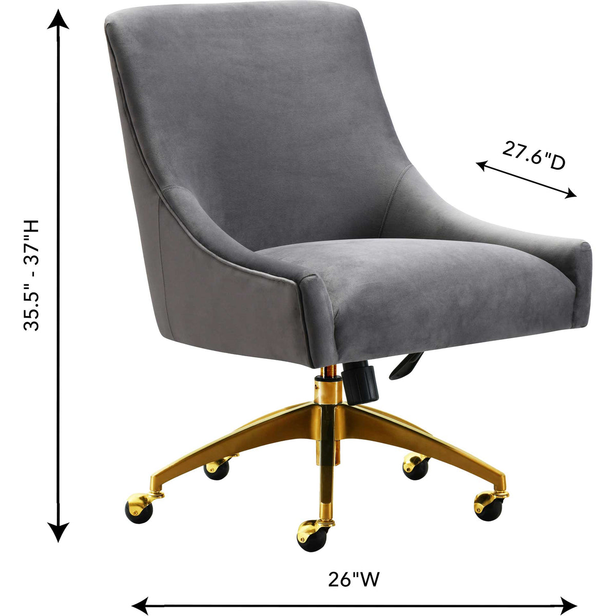 This gray velvet office chair spans 26 inches wide and adjusts from 35.5 to 37 inches high