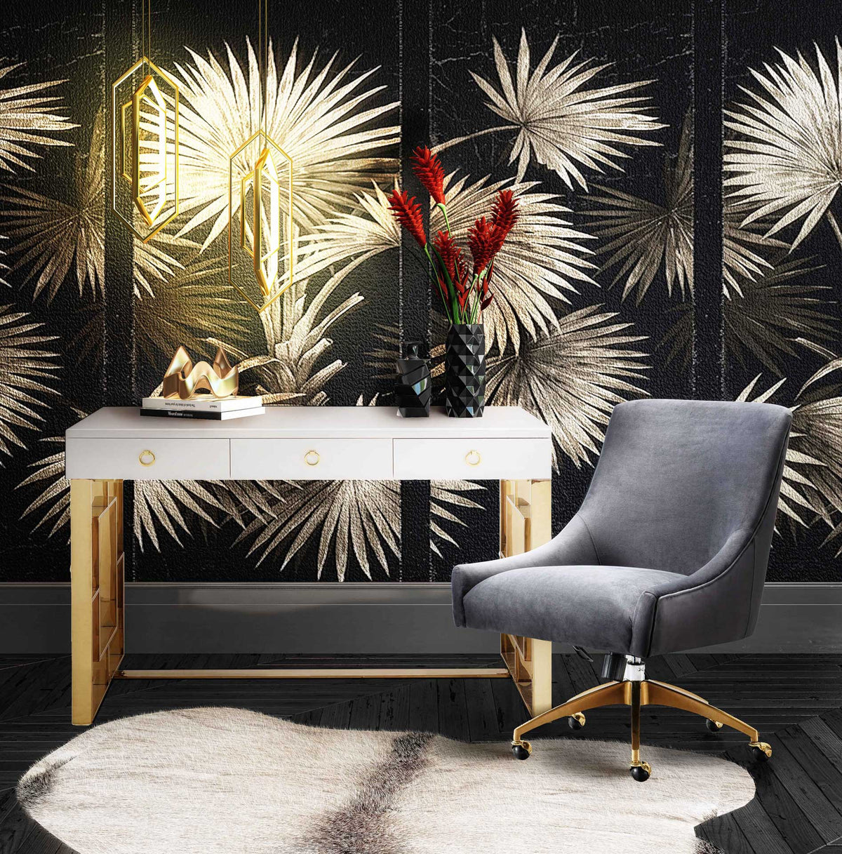 Gray velvet and gold casters lend understated glamour to a workspace with a white and gold desk