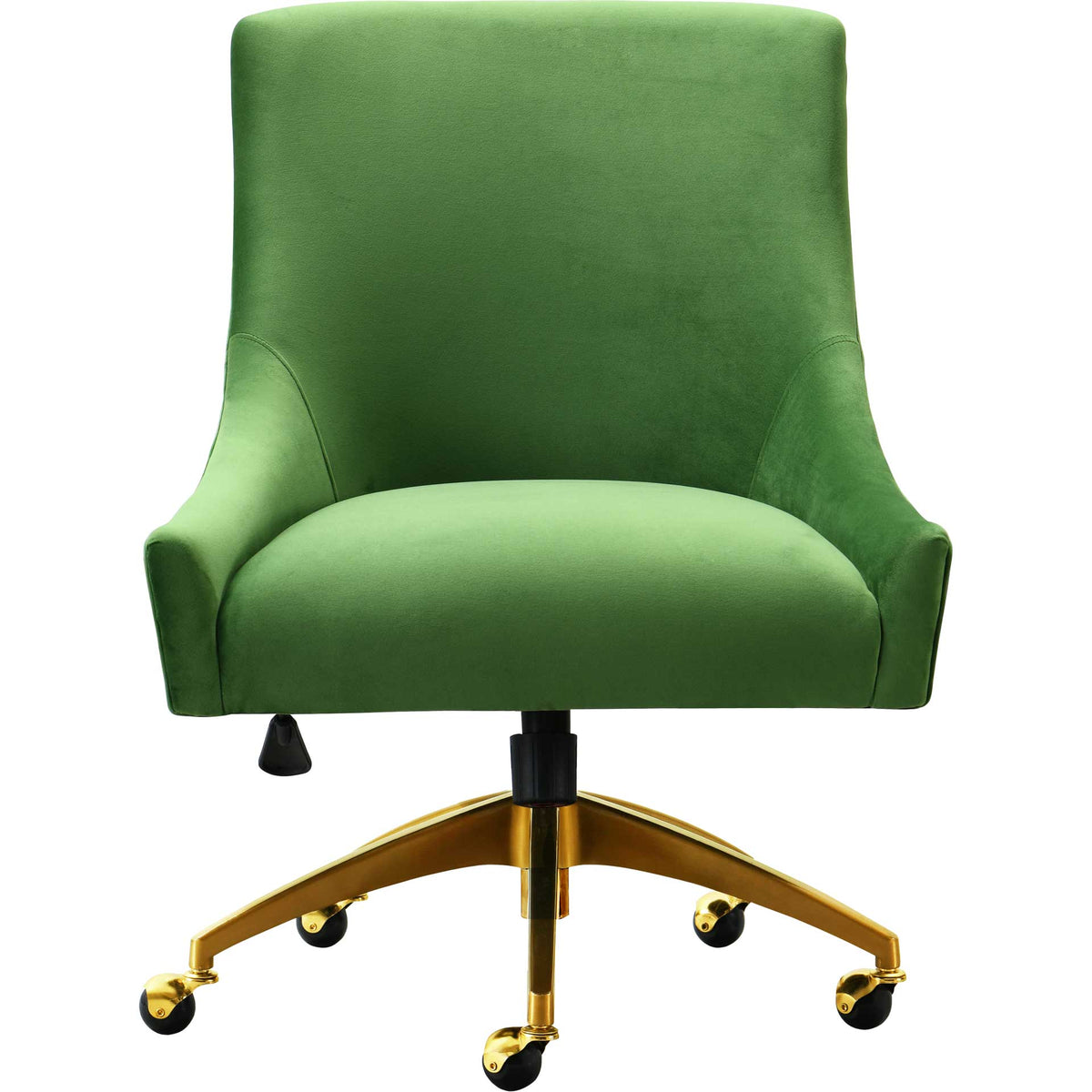 A plump green velvet seat and softly curved backrest bring inviting comfort to a gold rolling base || TOV-H7232 || front_studio