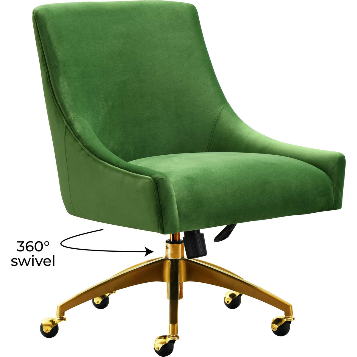 A 360-degree swivel lets this green velvet chair move effortlessly on its gleaming gold caster base