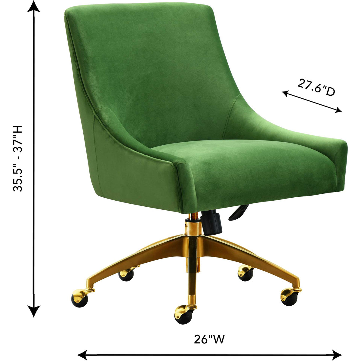 A 26-inch-wide green velvet chair offers an adjustable height from 35.5 to 37 inches