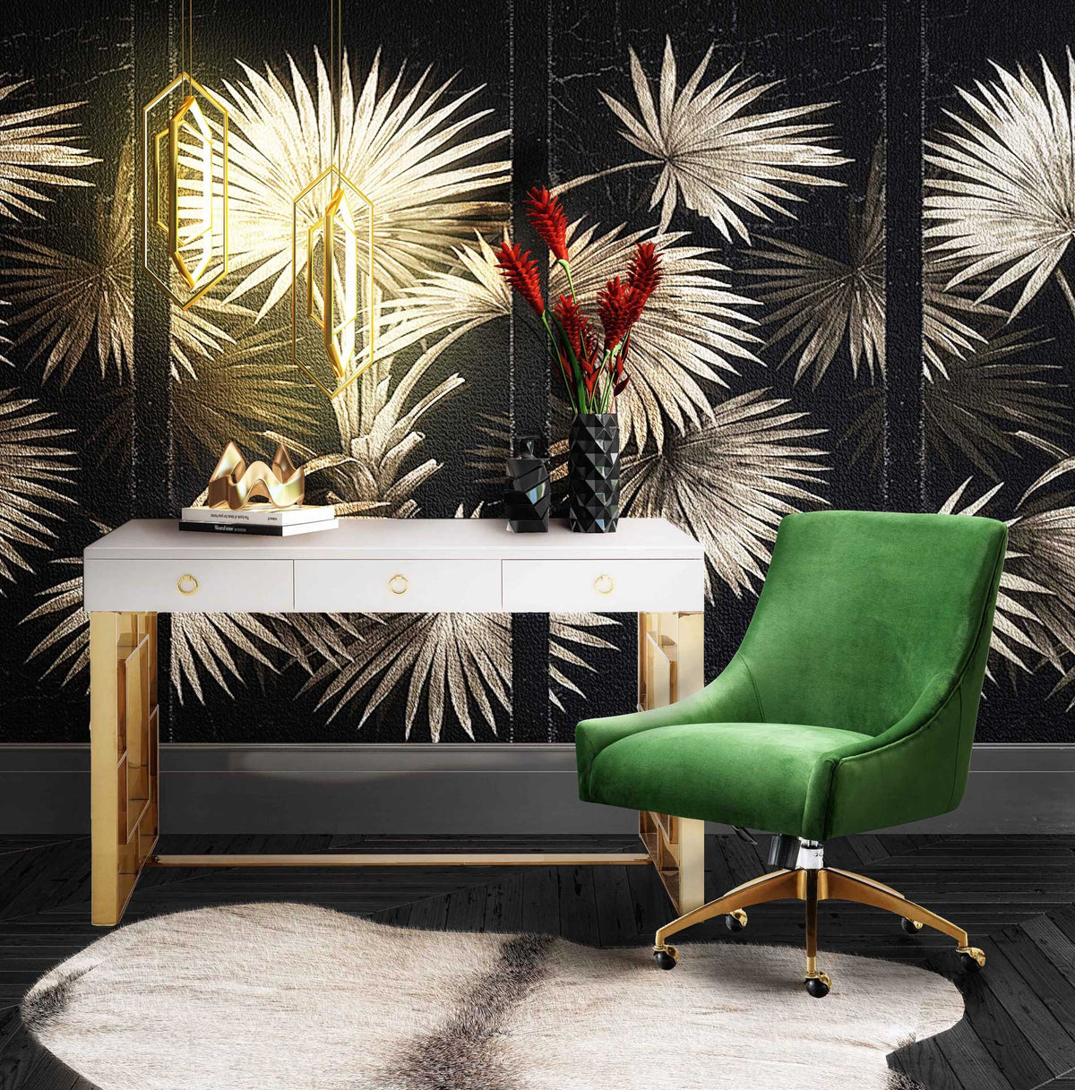 Green velvet brings a bold pop of color to a glamorous office, complemented by a gold caster base
