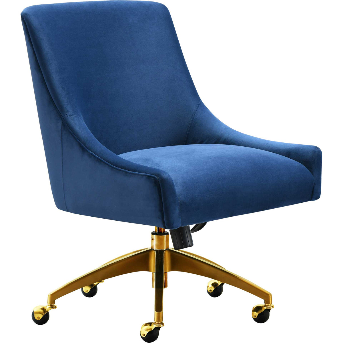 Navy velvet upholstery, sloping arms, and a gleaming gold rolling base give this chair a luxe feel || TOV-H7233 || front_angle_studio