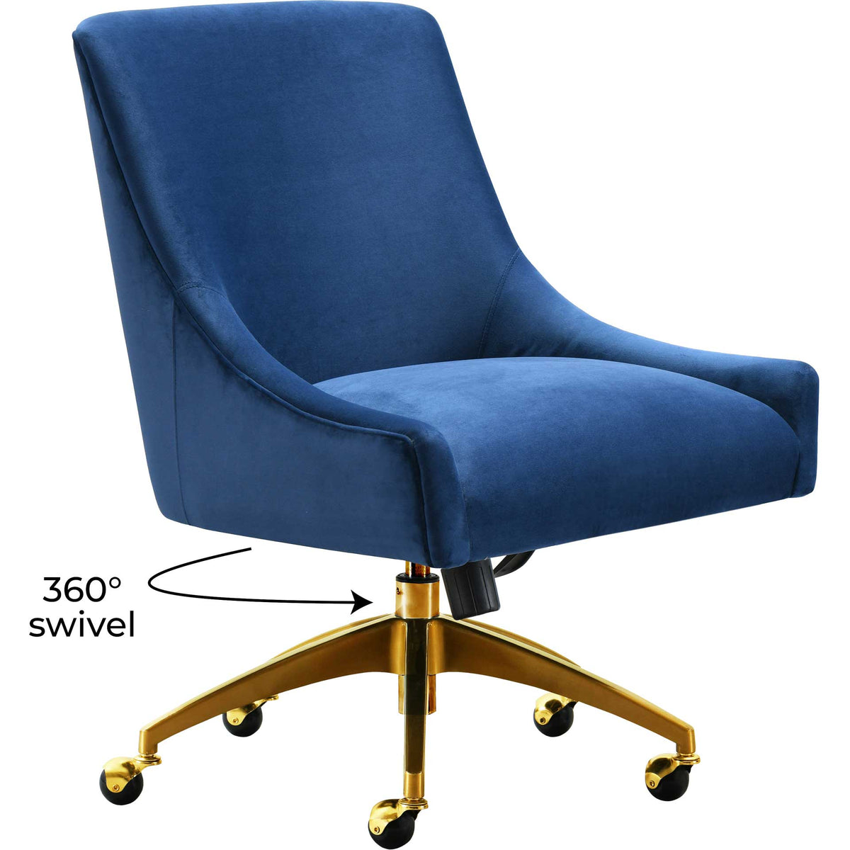 A full 360-degree swivel brings flexible movement to the navy velvet seat and gold caster base