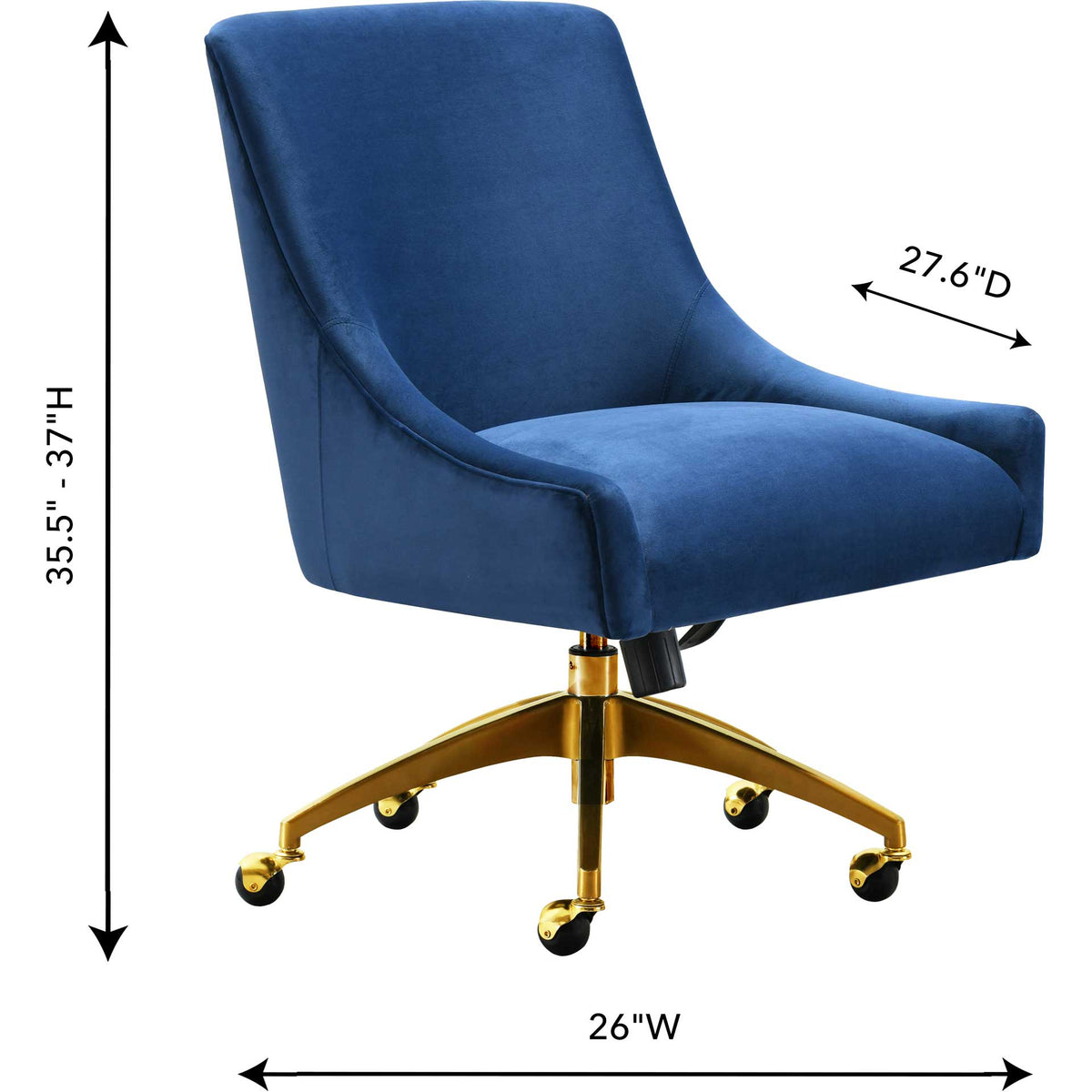 Navy velvet office seating measures 26 inches wide and adjusts from 35.5 to 37 inches tall