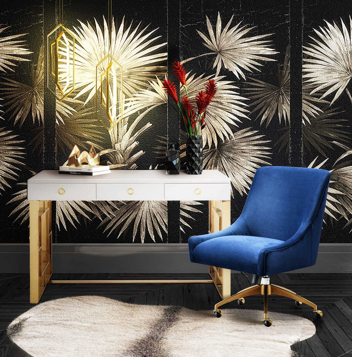 Navy velvet and a gold base add rich color and shine beside a sleek white desk with gold accents