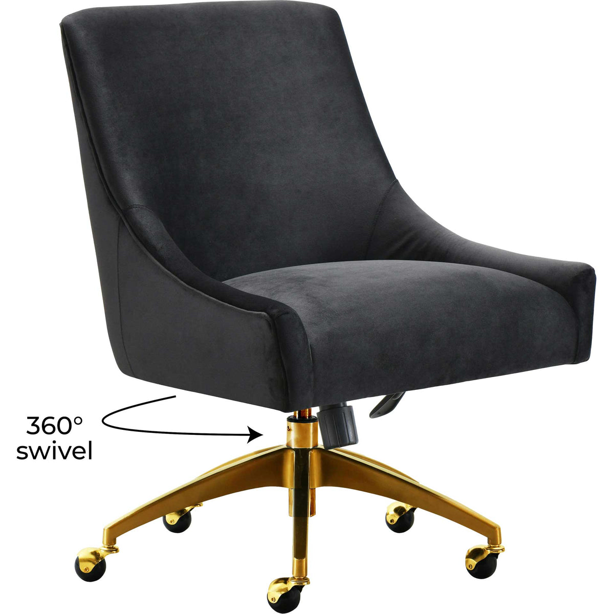 A 360-degree swivel seat adds effortless movement to this black velvet chair with a gold caster base