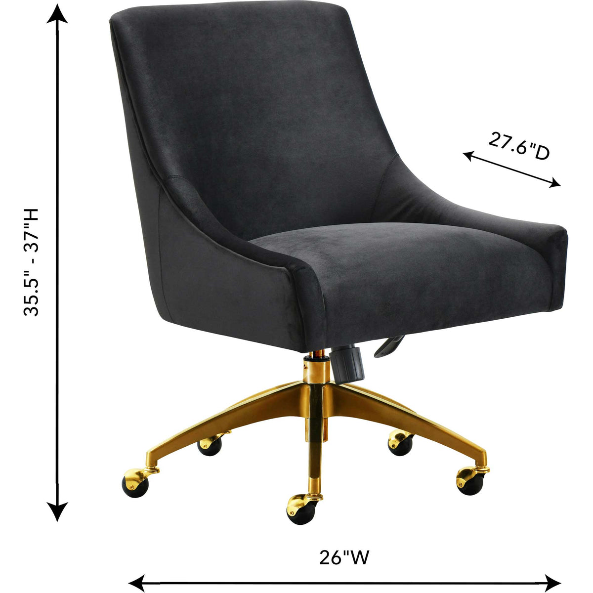 A 26-inch-wide black velvet chair adjusts from 35.5 to 37 inches tall for a tailored fit
