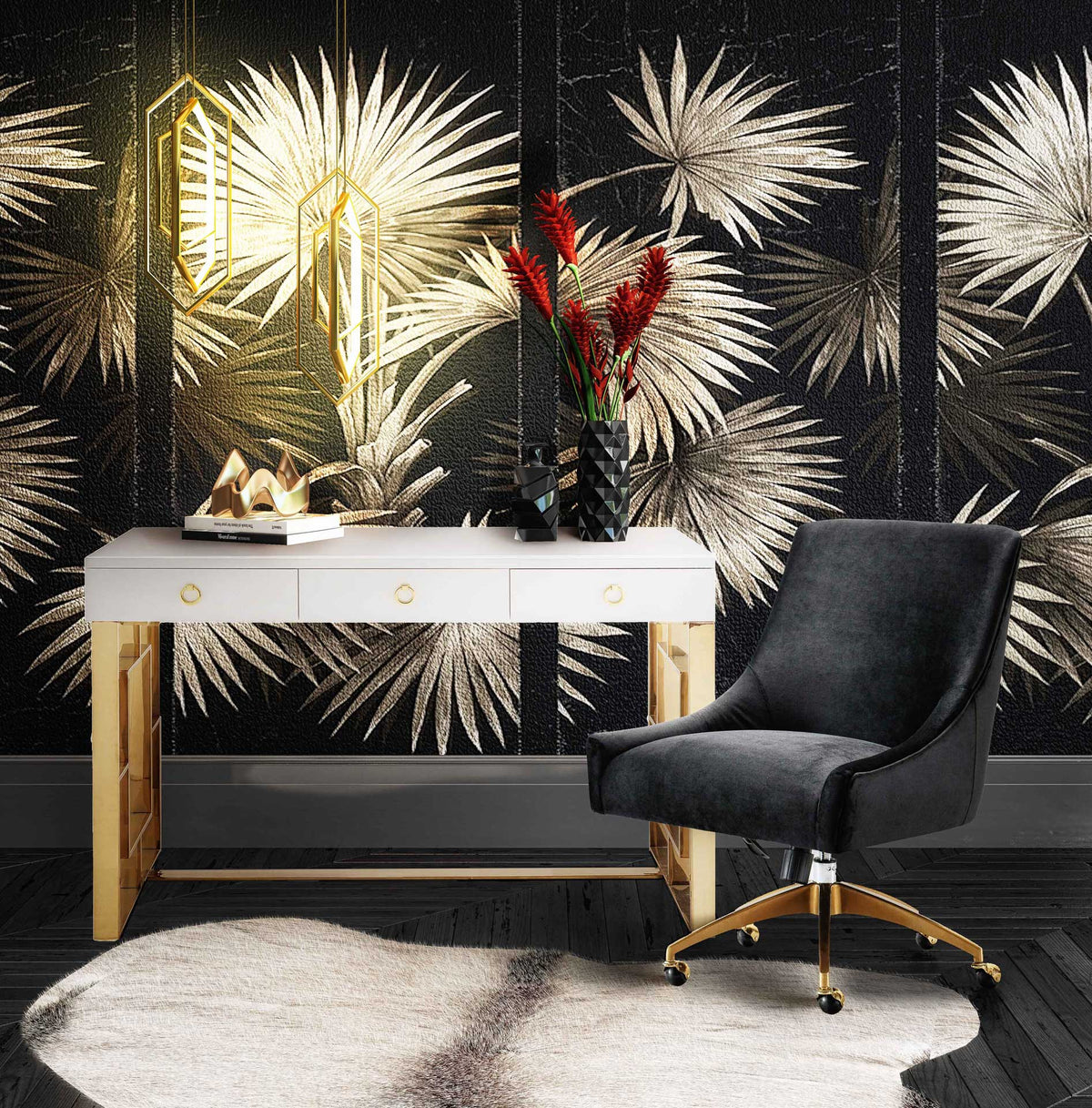 Black velvet seating and a gold rolling base add a glamorous accent beside a white and gold desk