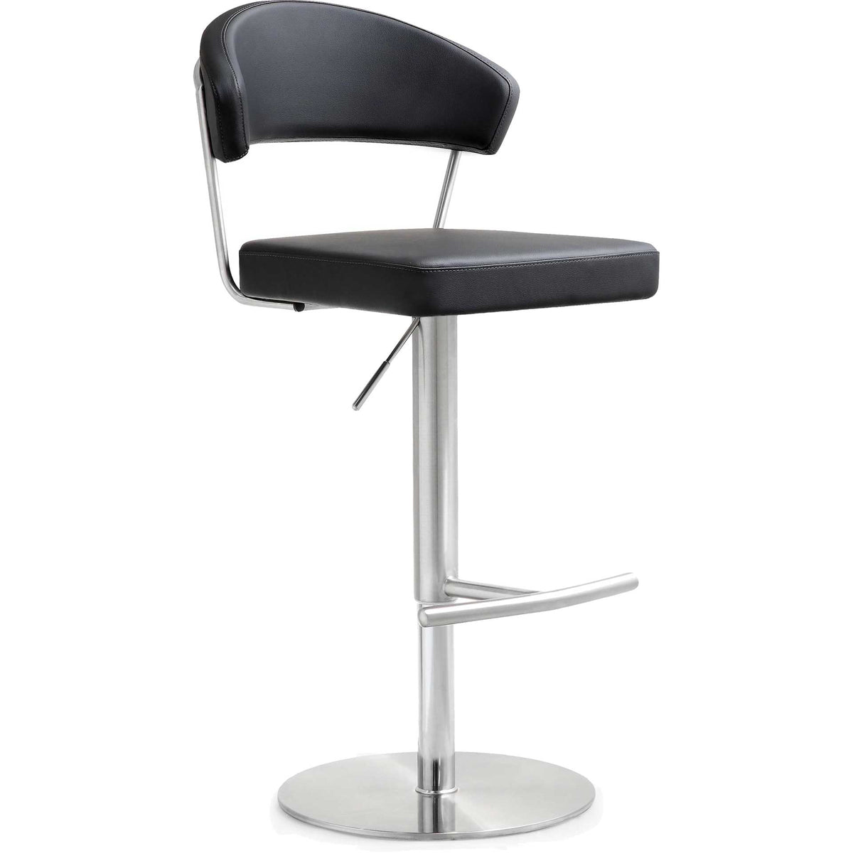 Black vegan leather and a stainless steel pedestal give this curved-back barstool a modern edge || TOV-K3627 || front_angle_studio