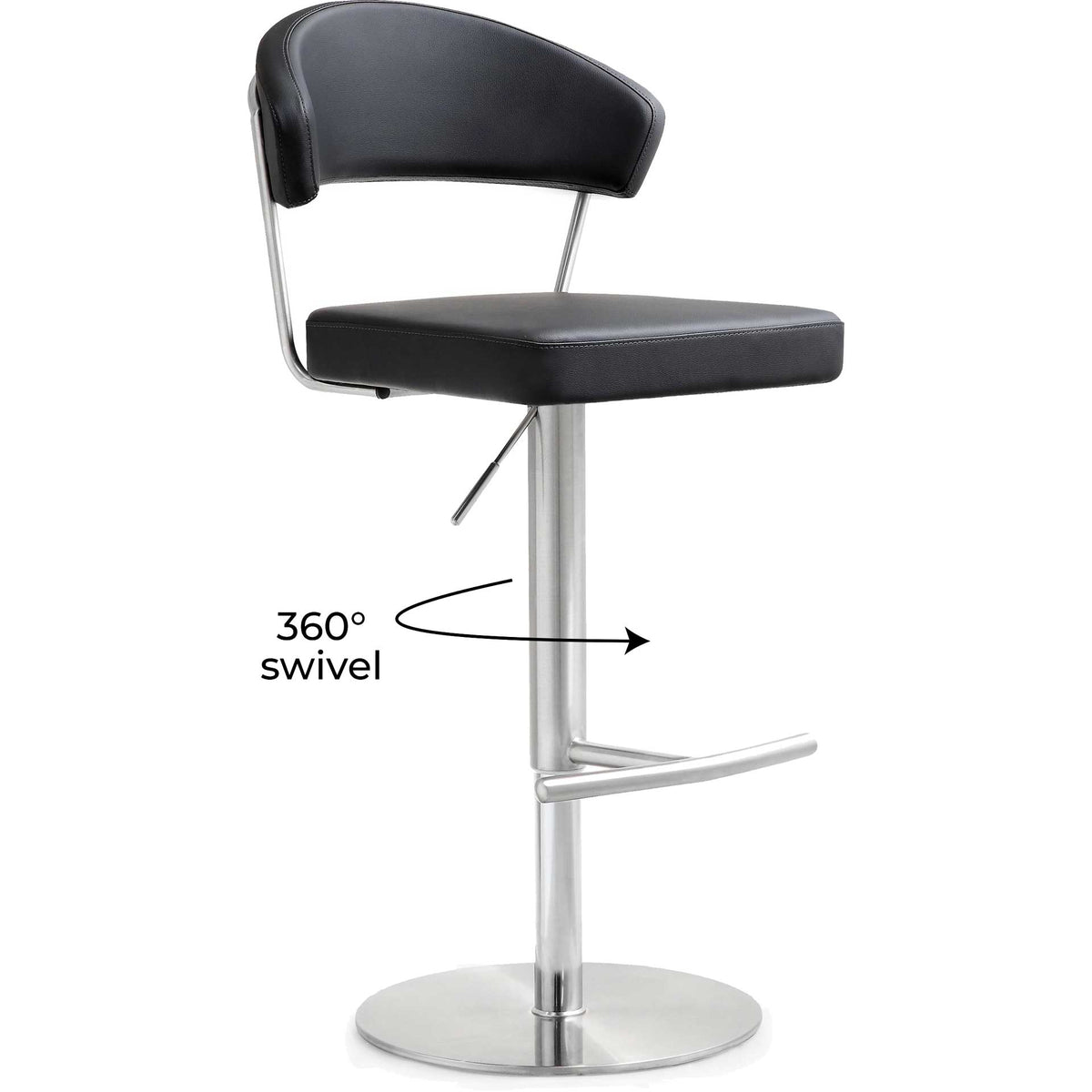 A 360-degree swivel seat adds easy movement to this black vegan leather barstool
