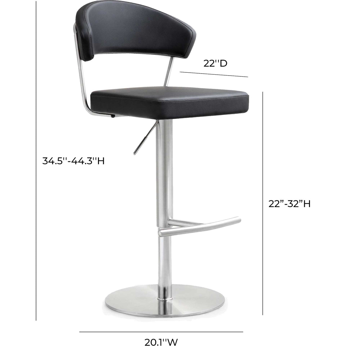 A black padded barstool adjusts from 22 to 32 inches in seat height for flexible counter or bar seating