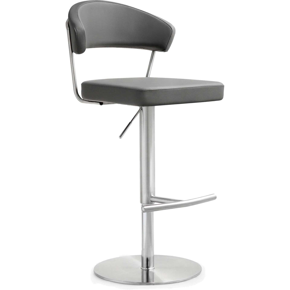 Gray vegan leather upholstery meets a stainless steel pedestal and gently curved backrest || TOV-K3629 || front_angle_studio