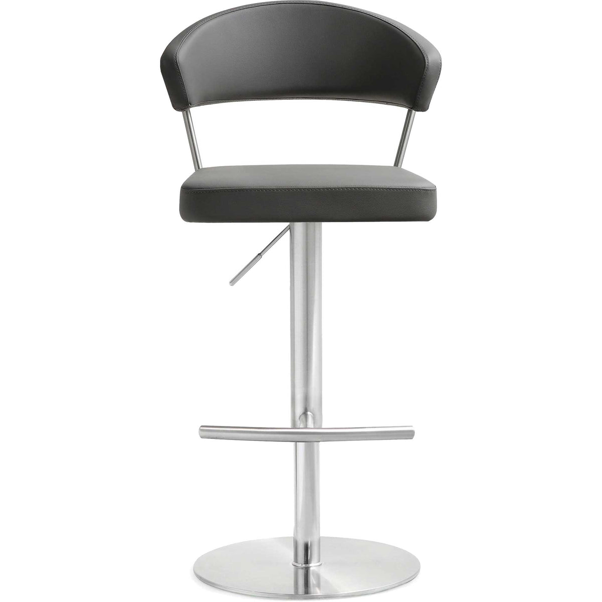 An armless gray barstool balances a padded seat, supportive curved back, and wide steel footrest || TOV-K3629 || front_studio