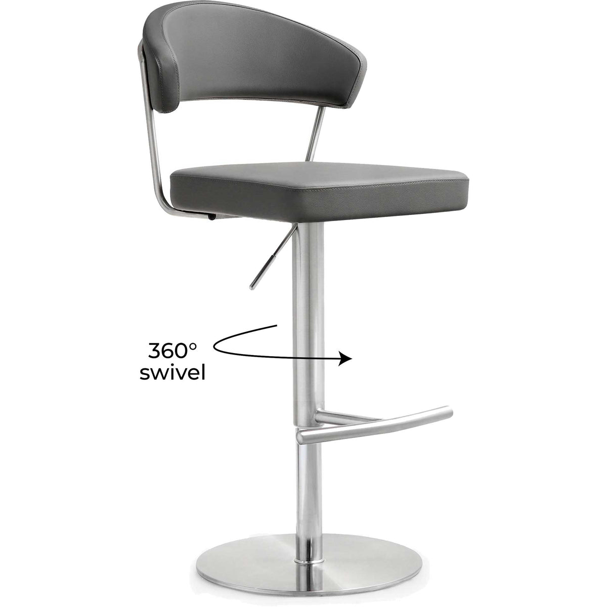 The gray upholstered seat swivels 360 degrees for effortless conversation and movement