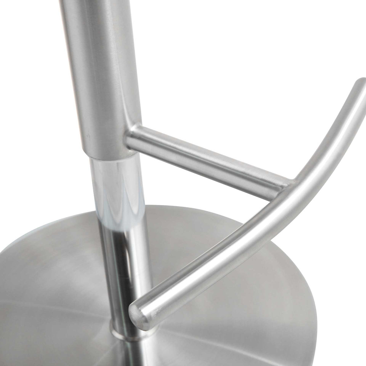 A curved stainless steel footrest pairs with a sturdy pedestal and broad circular base
