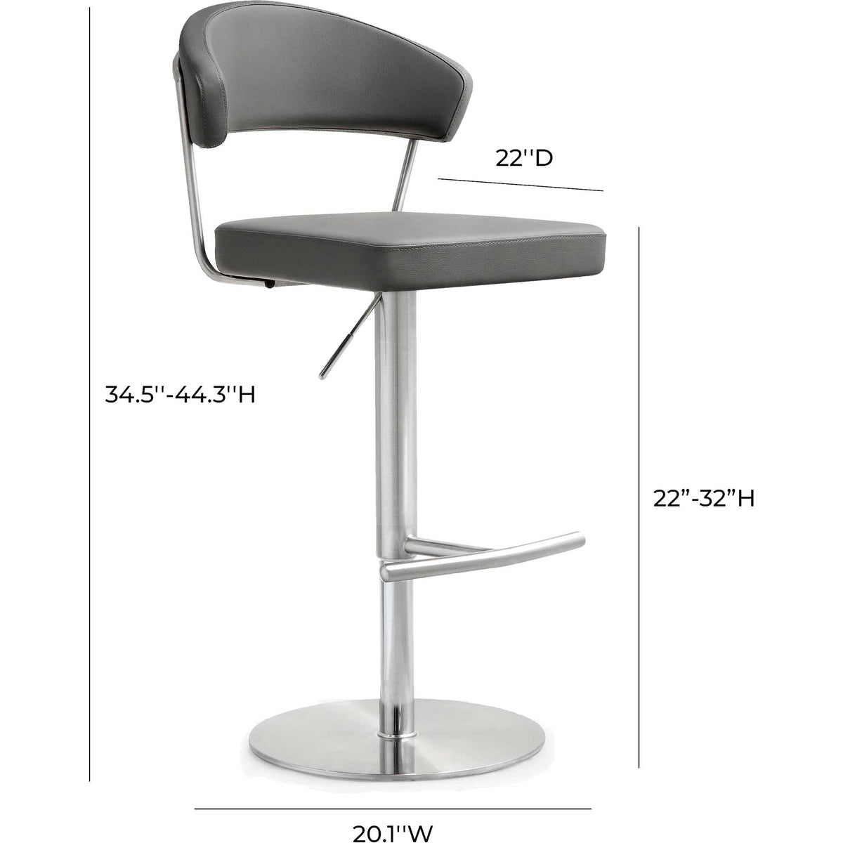 A gray vegan leather barstool offers a 22- to 32-inch seat height with convenient gas-lift adjustment