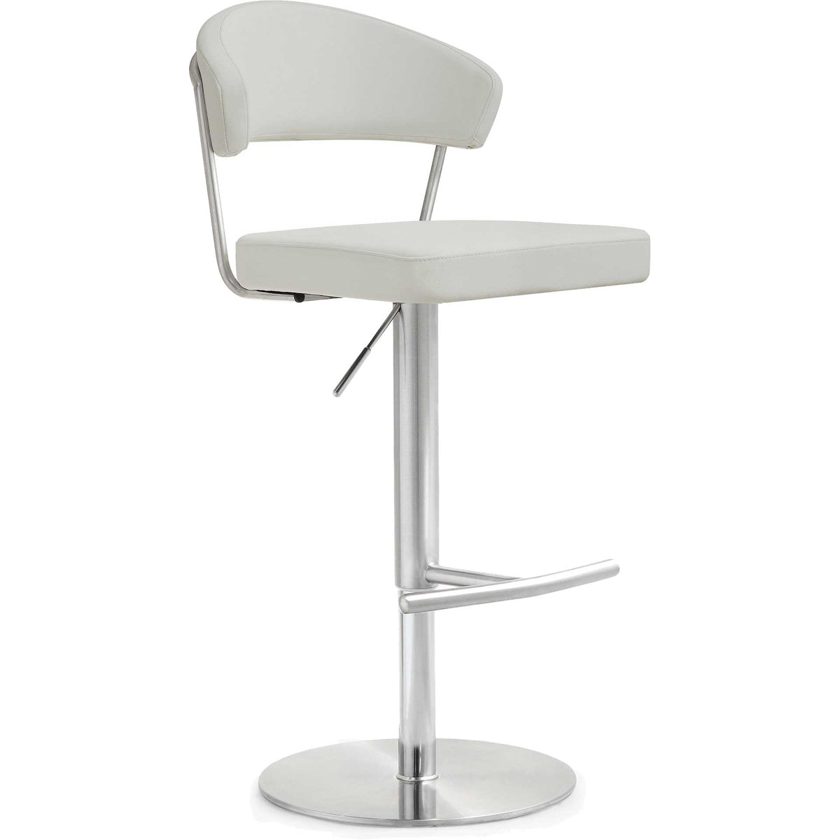 Light gray vegan leather softens the clean lines of a stainless steel pedestal barstool || TOV-K3645 || front_angle_studio