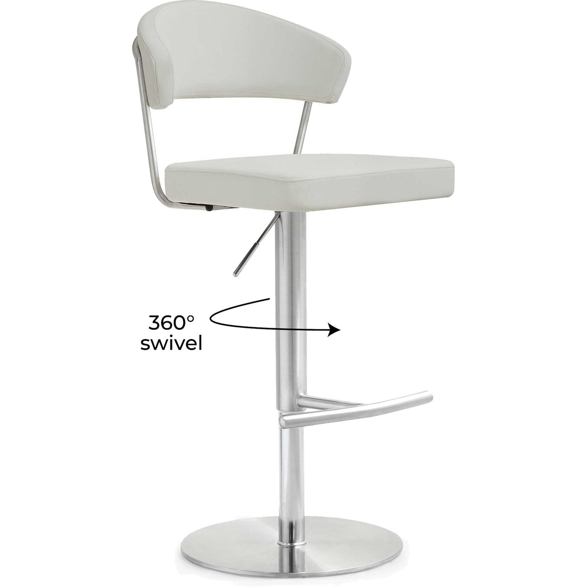 Light gray upholstered seating offers a full 360-degree swivel above a streamlined steel pedestal