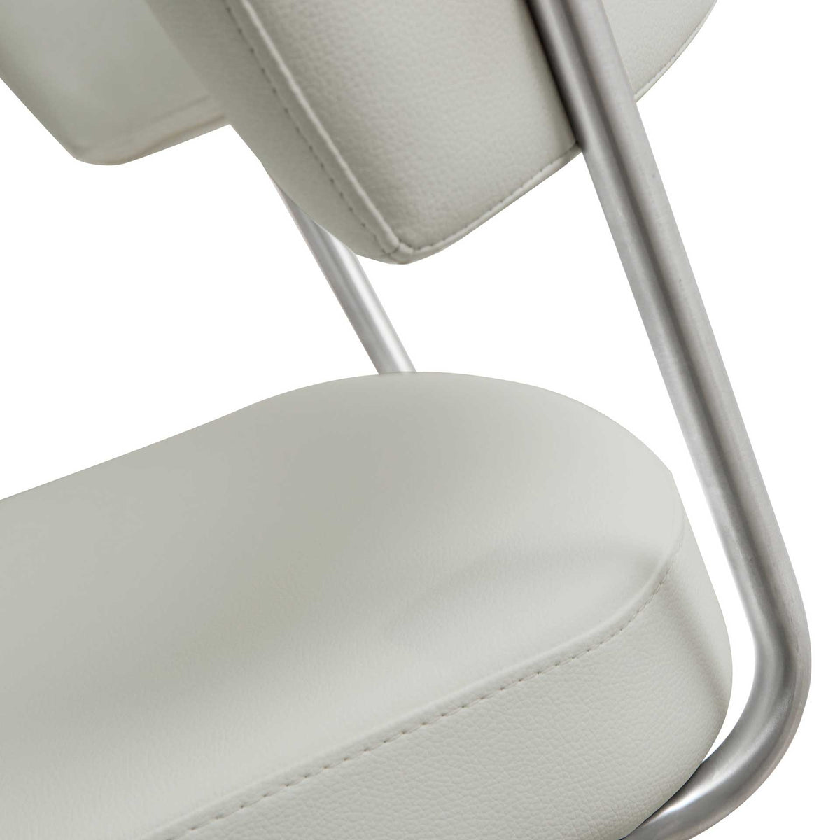 Light gray cushioning pairs with a continuous stainless steel back support for a clean, modern finish