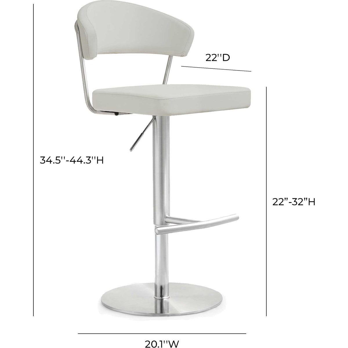 A light gray barstool offers a 22- to 32-inch seat height and a compact circular steel base