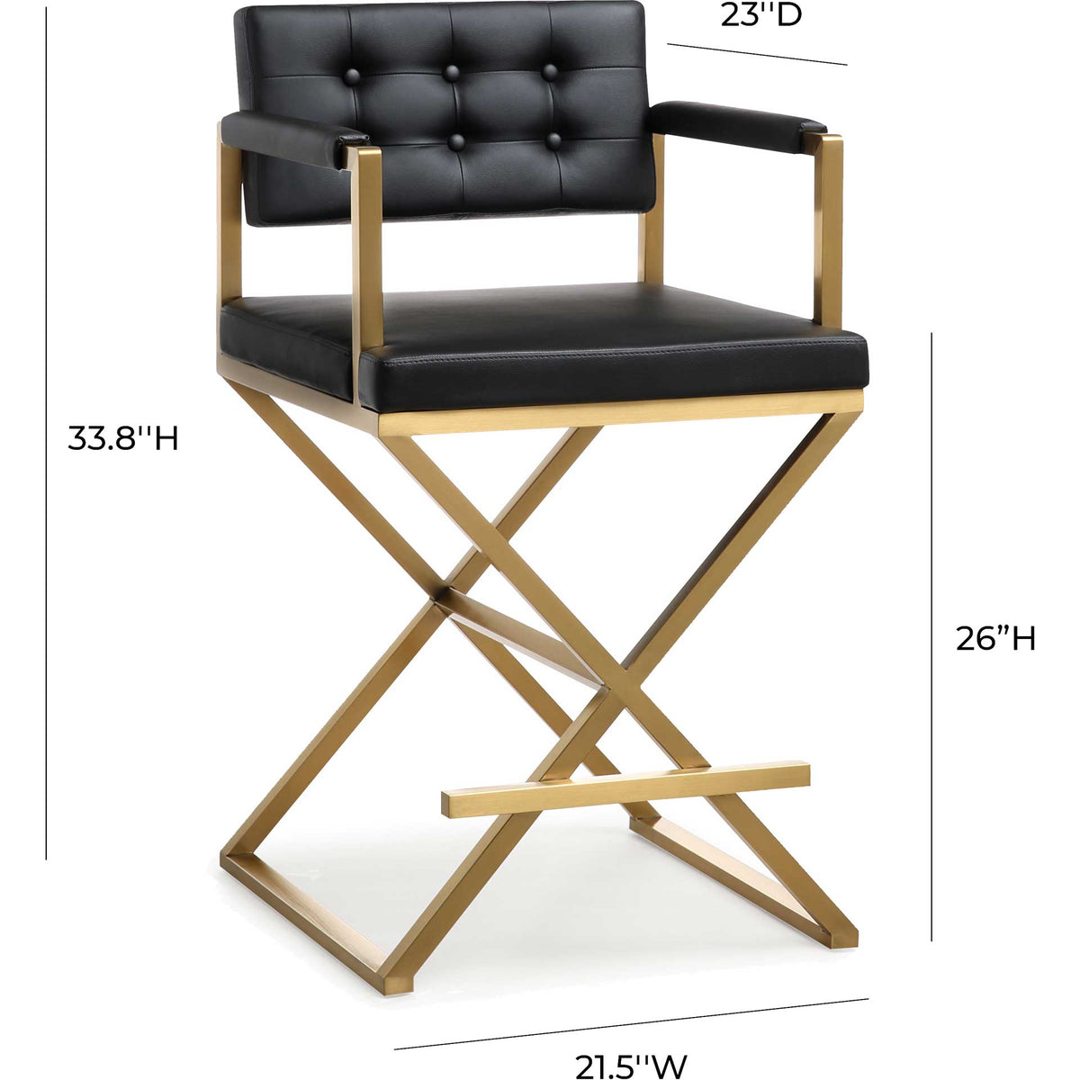 A 26-inch seat height pairs with cushioned black upholstery and gold steel for stylish counter seating