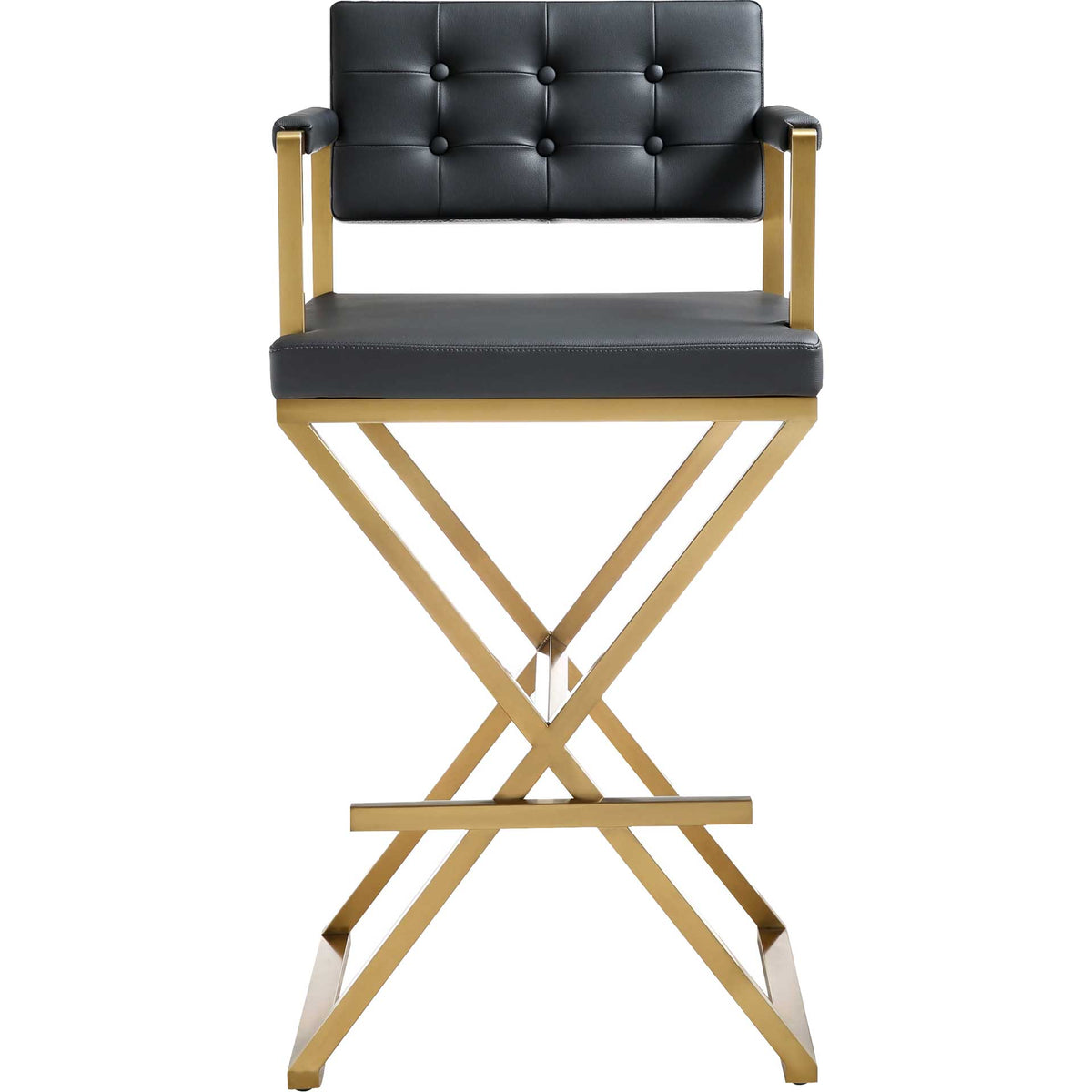 A button-tufted back, cushioned seat, and gold footrest bring tailored comfort to this black barstool || TOV-K3669 || front_studio