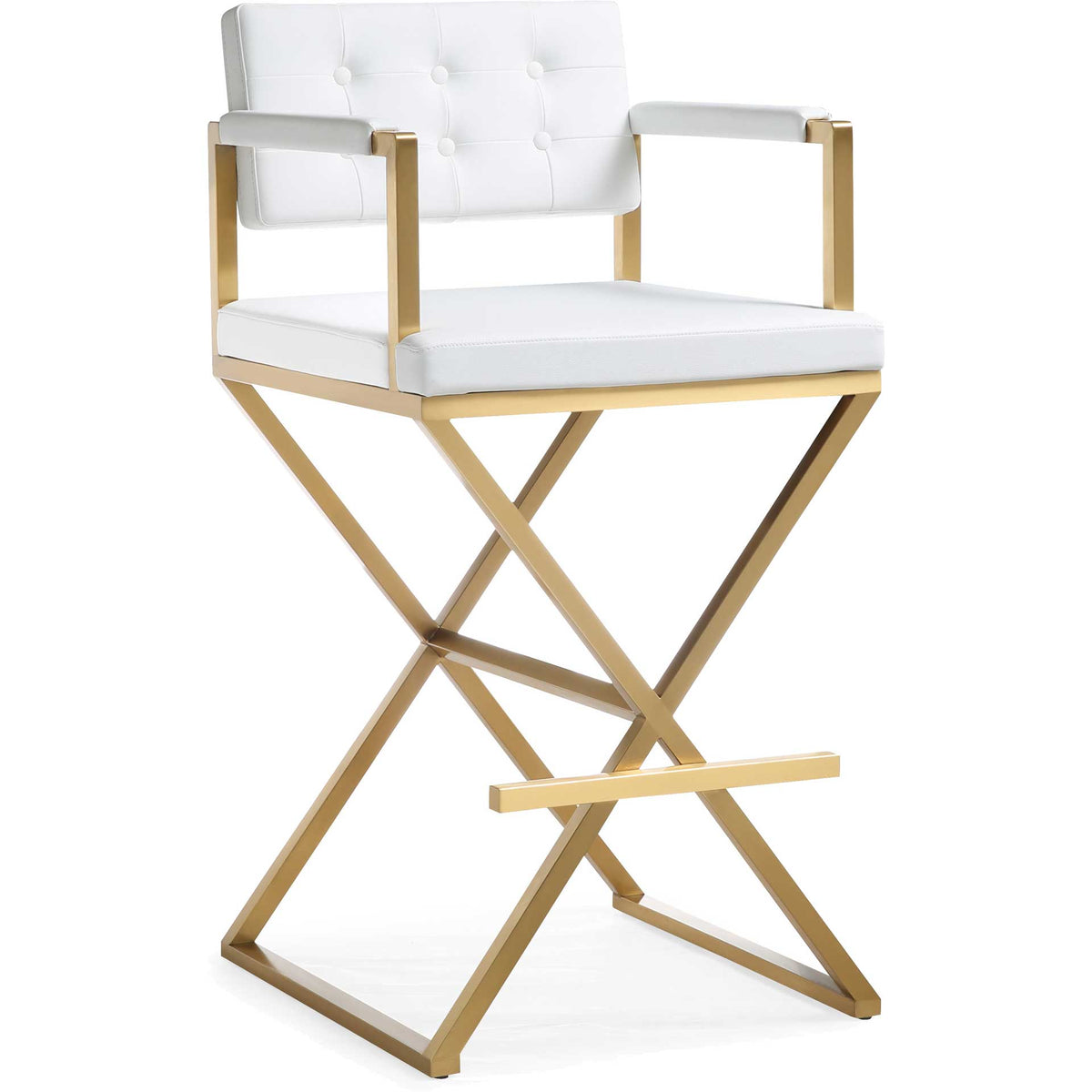 White vegan leather and a gleaming gold X-base give this padded barstool a fresh, contemporary look || TOV-K3670 || front_angle_studio