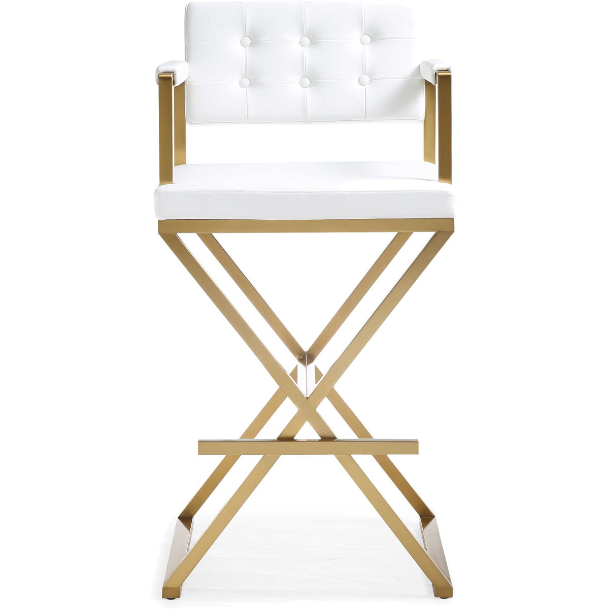 A white button-tufted back and cushioned seat sit above crossed gold legs and an integrated footrest || TOV-K3670 || front_studio