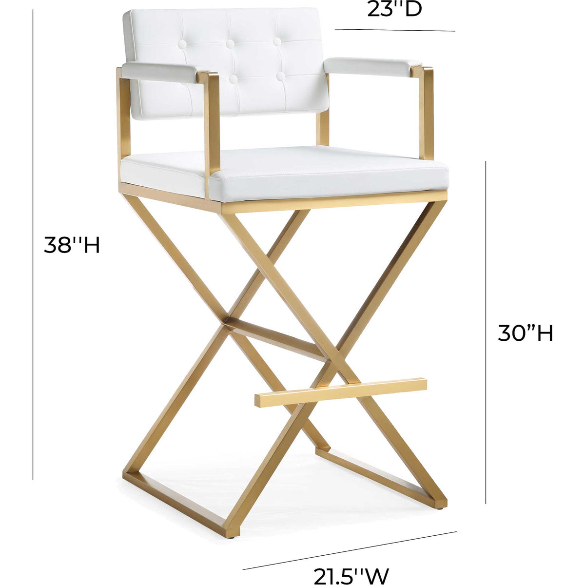 A 30-inch seat height combines with white cushioning and gold steel for an elegant bar-height seat